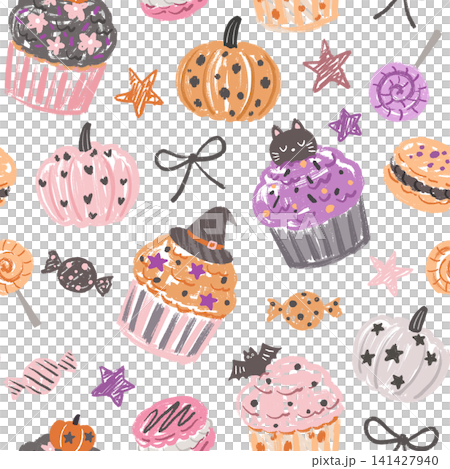 おしゃれでかわいい手書きのハロウィンスイーツの背景透過パターン おしゃれでかわいい手書きのハロウィンスイーツの背景透過パターン 141427940