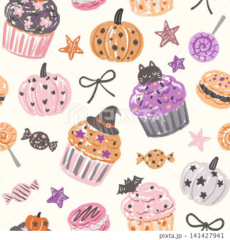 おしゃれでかわいい手書きのハロウィンスイーツのパターン おしゃれでかわいい手書きのハロウィンスイーツのパターン 141427941