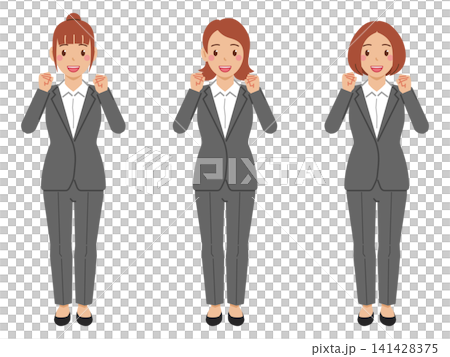 【全身照】一位身穿襯衫和灰色褲裝的年輕女子擺出勝利姿勢。 【全身照】一位身穿襯衫和灰色褲裝的年輕女子擺出勝利姿勢。 141428375