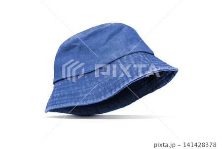 A blue denim hat is stylishly placed against a white background. A blue denim hat is stylishly placed against a white background. 141428378