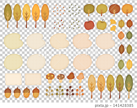 Autumn illustration set: Autumn leaves, fallen leaves, acorns, mushrooms, and frames. Autumn illustration set: Autumn leaves, fallen leaves, acorns, mushrooms, and frames. 141428385