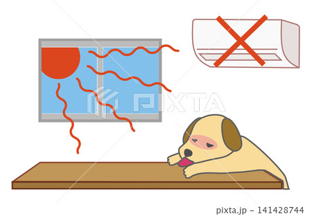 エアコンが切れた暑い部屋でお留守番中にバテている犬のイラスト（室内熱中症・注意喚起） 141428744