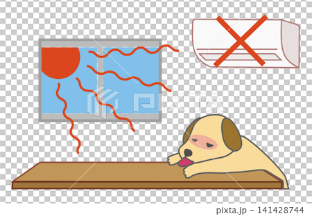エアコンが切れた暑い部屋でお留守番中にバテている犬のイラスト（室内熱中症・注意喚起） 141428744