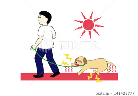 猛暑の炎天下のコンクリートを散歩する犬のイラスト(熱中症・肉球の火傷注意) 猛暑の炎天下のコンクリートを散歩する犬のイラスト(熱中症・肉球の火傷注意) 141428777