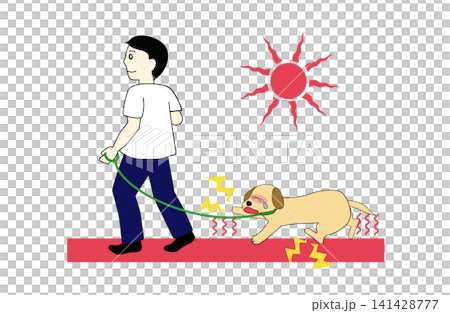 猛暑の炎天下のコンクリートを散歩する犬のイラスト(熱中症・肉球の火傷注意) 猛暑の炎天下のコンクリートを散歩する犬のイラスト(熱中症・肉球の火傷注意) 141428777