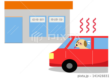 夏の買い物中にエアコンの切れた車内に置き去りにされ熱中症の危険がある犬のイラスト 夏の買い物中にエアコンの切れた車内に置き去りにされ熱中症の危険がある犬のイラスト 141428831