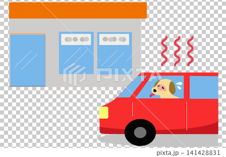 夏の買い物中にエアコンの切れた車内に置き去りにされ熱中症の危険がある犬のイラスト 夏の買い物中にエアコンの切れた車内に置き去りにされ熱中症の危険がある犬のイラスト 141428831