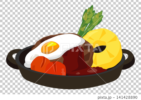 夏威夷風格的烤漢堡牛排配上蛋捲和鳳梨插圖。 夏威夷風格的烤漢堡牛排配上蛋捲和鳳梨插圖。 141428890