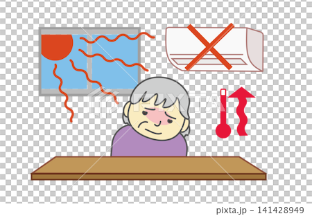 窓からのきつい陽射しを浴びてエアコンを我慢する高齢者のイラスト(熱中症・室内・危険) 窓からのきつい陽射しを浴びてエアコンを我慢する高齢者のイラスト(熱中症・室内・危険) 141428949