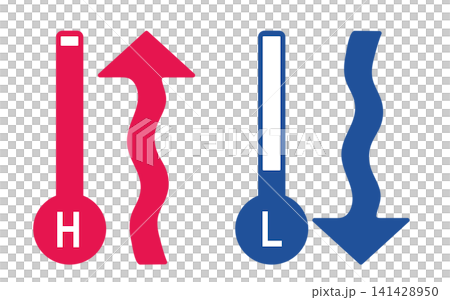 A set of illustrations featuring thermometers with text indicating high and low temperatures, along with arrows. Keywords: H and L, temperature change, rise and fall, comparison, contrast, business. A set of illustrations featuring thermometers with text indicating high and low temperatures, along with arrows. Keywords: H and L, temperature change, rise and fall, comparison, contrast, business. 141428950