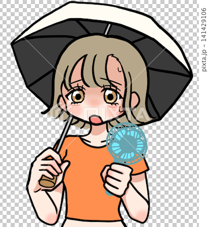 一幅描繪女子手持陽傘和扇子的插圖。 一幅描繪女子手持陽傘和扇子的插圖。 141429106