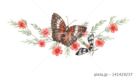 Watercolor Scarlet Peacock butterfly and Wasp Moth flower composition. Hand drawn flying insect with vibrant plant illustration. Floral design for wedding invitation card or greeting poster art. 141429237