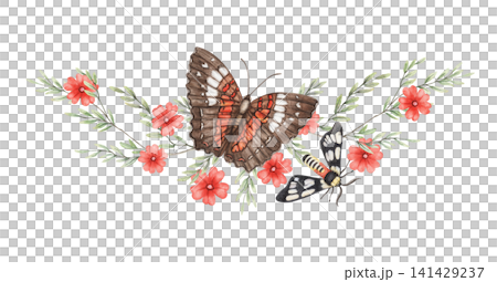 Watercolor Scarlet Peacock butterfly and Wasp Moth flower composition. Hand drawn flying insect with vibrant plant illustration. Floral design for wedding invitation card or greeting poster art. 141429237