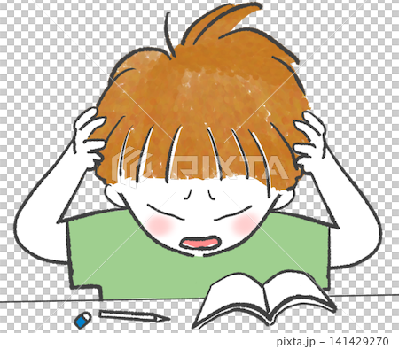 一個男孩雙手抱頭,因為他學不會功課。 一個男孩雙手抱頭,因為他學不會功課。 141429270