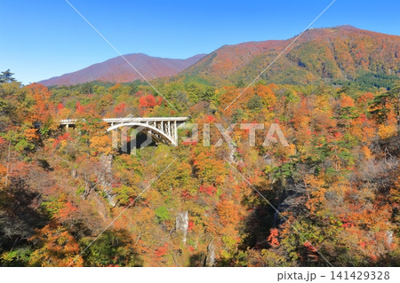 【宮城県】快晴の鳴子峡の紅葉 141429328