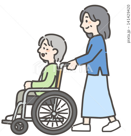 車いすに乗る高齢者女性と中年の娘 141429420