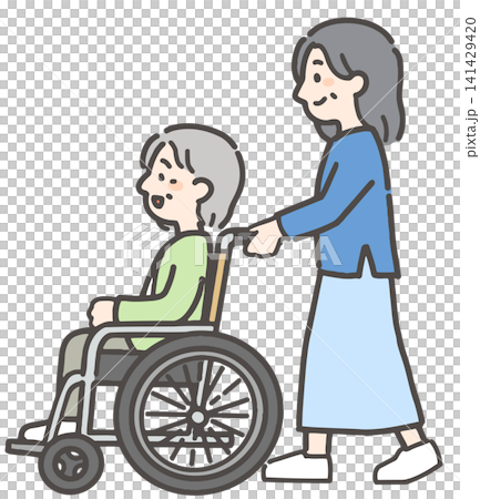 車いすに乗る高齢者女性と中年の娘 141429420
