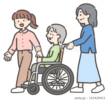 車いすに乗る高齢者女性と、娘と孫 141429421