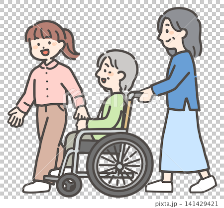 車いすに乗る高齢者女性と、娘と孫 141429421