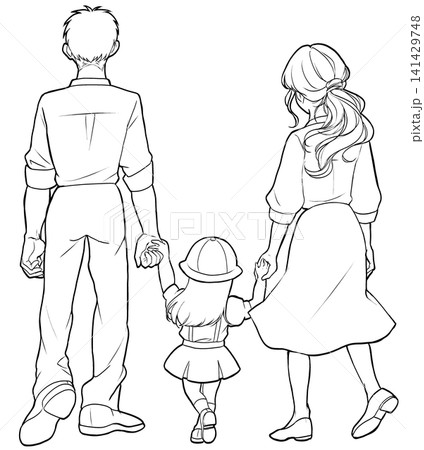 手を繋いで歩く家族の後ろ姿 線画イラスト 手を繋いで歩く家族の後ろ姿 線画イラスト 141429748