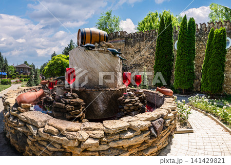 Beautiful stone wine fountain at Milestii Mici winery entrance 141429821