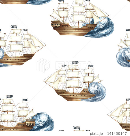 Seamless pattern with sailing ships on the waves. Hand-drawn watercolor illustrations. Perfect for textiles, wrapping paper, packaging, backgrounds, and more. 141430147