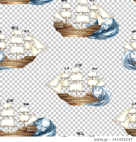 Seamless pattern with sailing ships on the waves. Hand-drawn watercolor illustrations. Perfect for textiles, wrapping paper, packaging, backgrounds, and more. 141430147