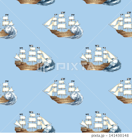 Seamless pattern with sailing ships on the waves. Hand-drawn watercolor illustrations. On a blue background. Perfect for textiles, wrapping paper, packaging, backgrounds, and more. 141430148