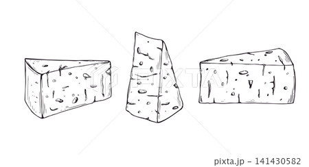 Blue cheese set line art black ink sketch. Triangular wedge Gorgonzola cheese linear drawing. Food elements vector isolated illustration for culinary design and grocery store advertising concept Blue cheese set line art black ink sketch. Triangular wedge Gorgonzola cheese linear drawing. Food elements vector isolated illustration for culinary design and grocery store advertising concept 141430582