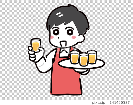 A young male staff member (upper body) smiling and wearing a red apron, working in a tasting job. A young male staff member (upper body) smiling and wearing a red apron, working in a tasting job. 141430587