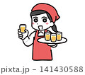試飲の仕事＆赤いエプロンを着た笑顔の若い女性スタッフ(上半身) 141430588