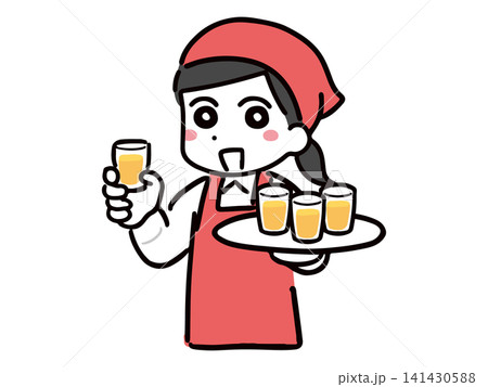 試飲の仕事&赤いエプロンを着た笑顔の若い女性スタッフ(上半身) 試飲の仕事&赤いエプロンを着た笑顔の若い女性スタッフ(上半身) 141430588