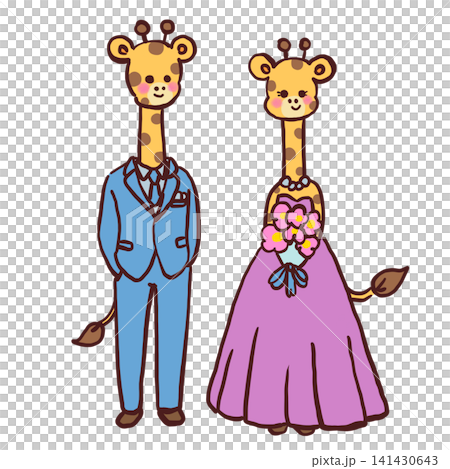 An illustration of a giraffe bride and groom wearing a suit and dress. 141430643