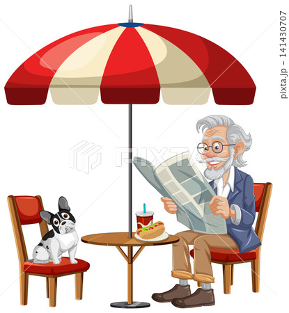 Elderly Man Reading Newspaper at Outdoor Cafe Table Elderly Man Reading Newspaper at Outdoor Cafe Table 141430707