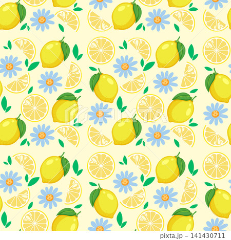 Seamless Vector Pattern with Yellow Lemons and Blue Flowers Seamless Vector Pattern with Yellow Lemons and Blue Flowers 141430711