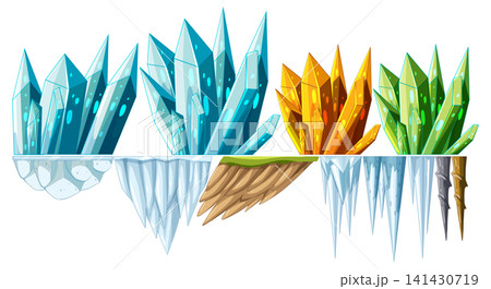 Colorful Crystal Formations on Floating Island Platforms Colorful Crystal Formations on Floating Island Platforms 141430719