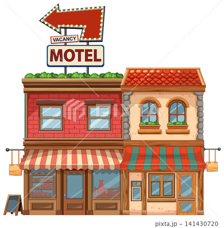 Colorful Motel Building With Vacancy Sign and Storefronts 141430720