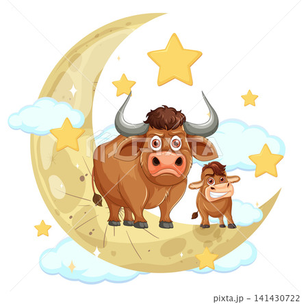 Cartoon Buffalo and Calf Standing on Crescent Moon Cartoon Buffalo and Calf Standing on Crescent Moon 141430722
