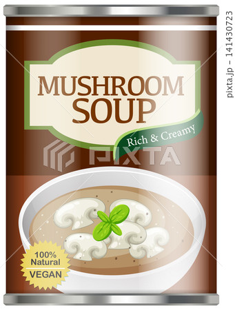 Canned Mushroom Soup Vector Illustration with Organic Vegan Label Design 141430723