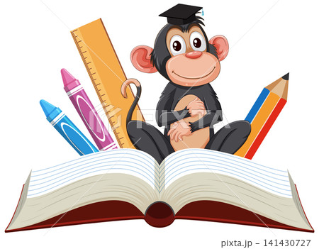 Cartoon Monkey Wearing Graduation Cap Sitting Behind Open Book with School Supplies Cartoon Monkey Wearing Graduation Cap Sitting Behind Open Book with School Supplies 141430727
