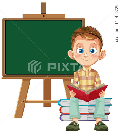 Young Student Reading Book Sitting on Stack Beside Blank Classroom Chalkboard 141430729
