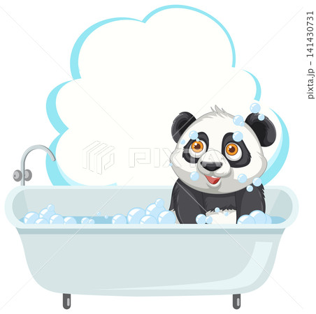 Cartoon Giant Panda Taking a Bubble Bath in a White Tub Cartoon Giant Panda Taking a Bubble Bath in a White Tub 141430731