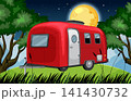 Red Camper Trailer Under Full Moon in Forest Clearing 141430732