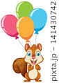 Cute Cartoon Squirrel Holding Colorful Helium Balloons on White Background 141430742