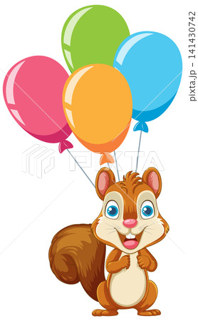 Cute Cartoon Squirrel Holding Colorful Helium Balloons on White Background Cute Cartoon Squirrel Holding Colorful Helium Balloons on White Background 141430742