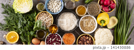 Vegetarian cooking ingredients panoramic background Vegetarian cooking ingredients panoramic background 141430886