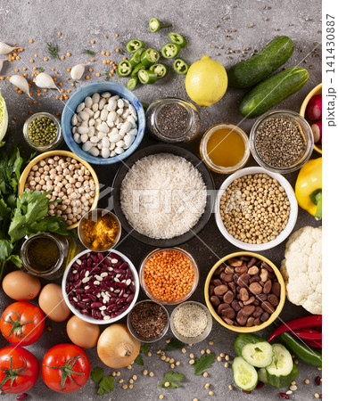 protein sources legumes grains vegetables eggs 141430887