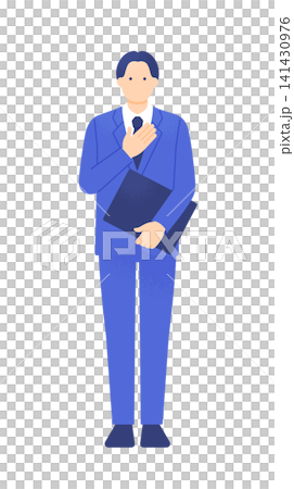 胸に手を当てて「お任せください」とアピールする不動産営業の男性 全身イラスト素材 141430976