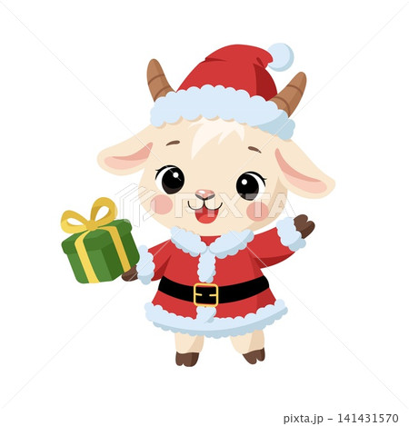 Cute baby goat in Santa Claus coat and red hat holding green gift box vector illustration 141431570