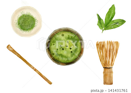抹茶と茶道の道具(茶碗・茶筅・茶杓・粉茶)の手描き水彩画イラスト素材セット 抹茶と茶道の道具(茶碗・茶筅・茶杓・粉茶)の手描き水彩画イラスト素材セット 141431761